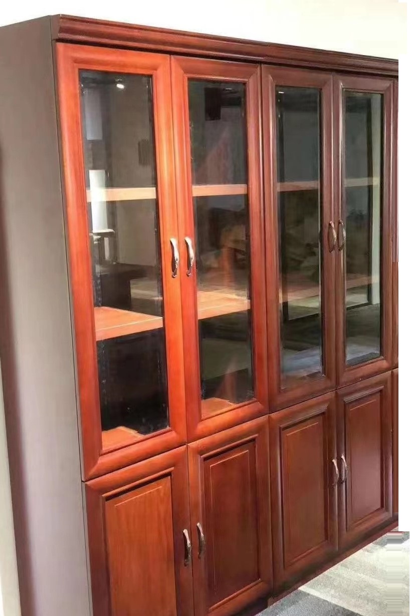 四門書柜  文件柜油漆實(shí)木貼皮資料柜書柜書櫥紅胡桃色